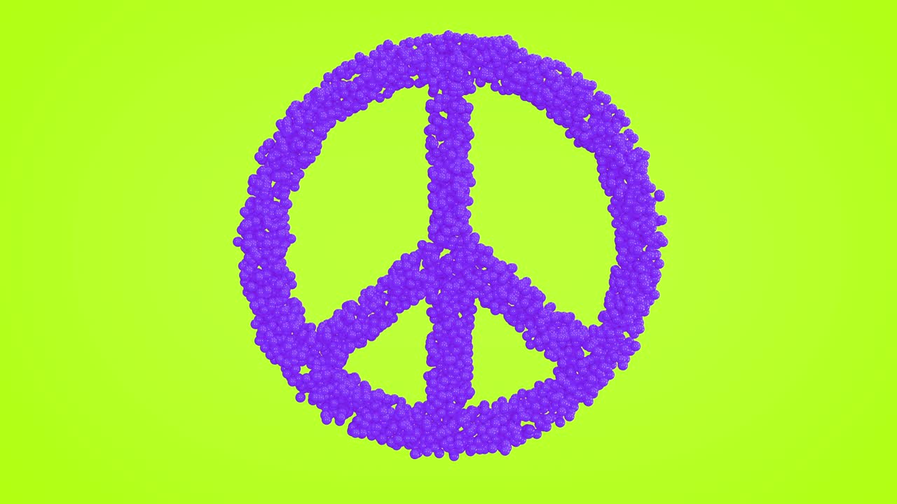 3d looped animation of peace symbol. Small balls shapes wavy surface with ripples. Trendy vibrant texture, motion graphic design, colored bright texture.