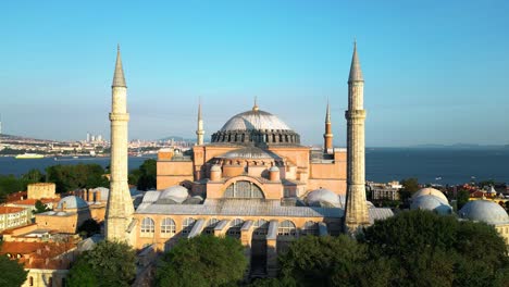 cinematic orbiting aerial view of hagia sophia in sultanahmet district of istanbul, turkey