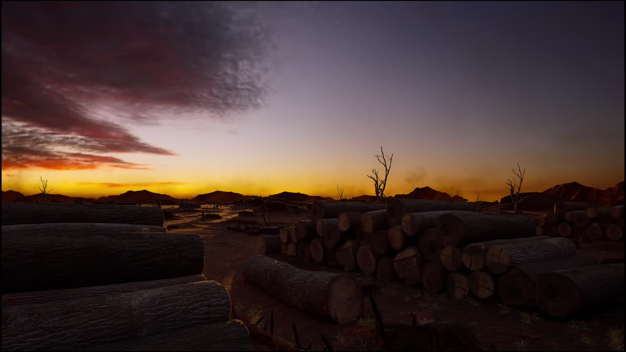 Ceppi d'Albero Rimasti Dopo la Deforestazione, al Tramonto