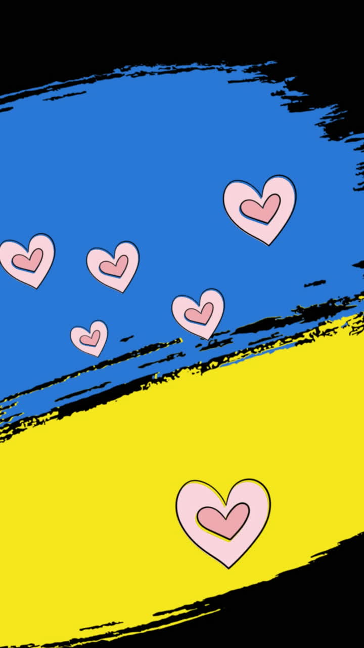 animación de corazones flotando sobre la bandera de ucrania en fondo negro
