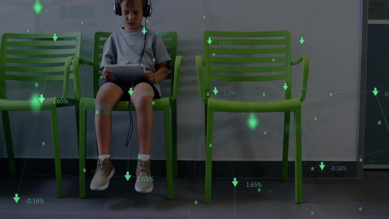 red de conexiones contra un niño que usa una tableta digital mientras está sentado en una silla