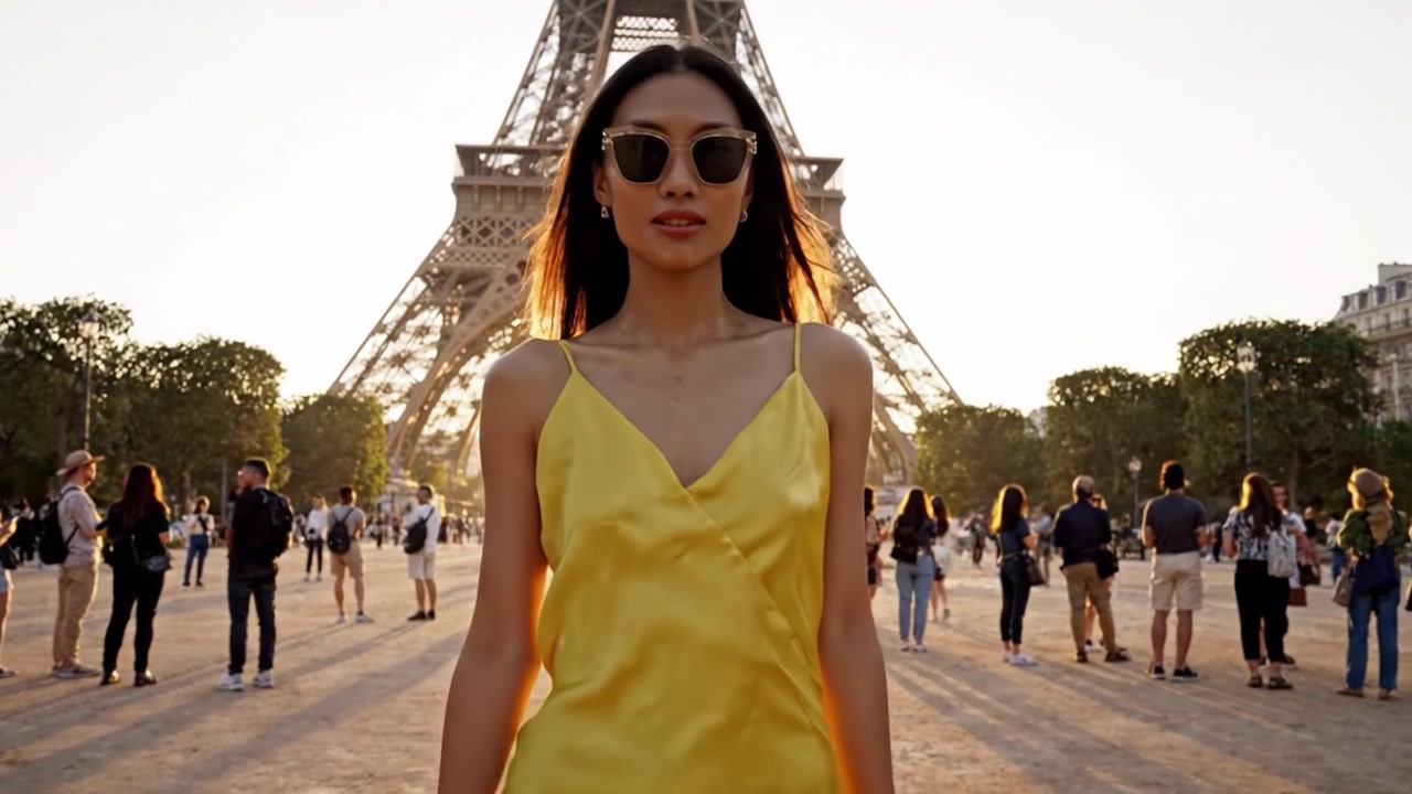 Un momento di grazia al tramonto: una donna in un abito giallo svolazzante si erge elegantemente di fronte a un punto di riferimento maestoso, con la luce dorata che crea un'atmosfera sognante