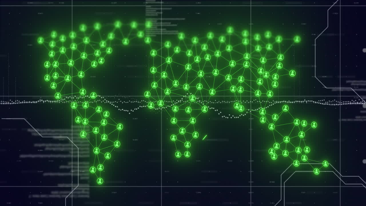 Global network connections and data processing animation over world map