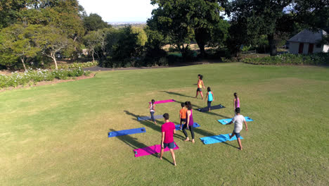 grupo de personas realizando yoga en el parque 4k