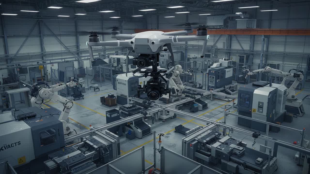 Advanced Drone Operation in High-Tech Manufacturing Facility Showcases Cutting-Edge Automation and Robotics Technology for Enhanced Production Efficiency and Precision