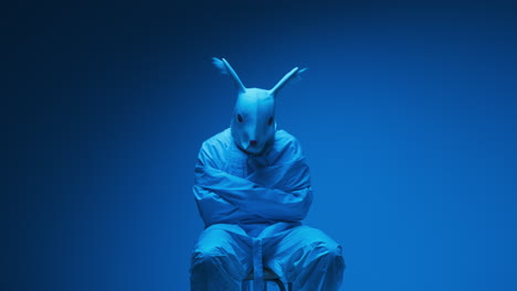 person in a rabbit mask and straight jacket