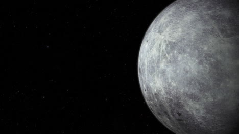 CGI-Komposit:-Der-Mond-Dreht-Sich-Auf-Dem-Bildschirm-Nach-Rechts,-Halb-Beleuchtet-Mit-Einem-Sternenklaren-Hintergrund