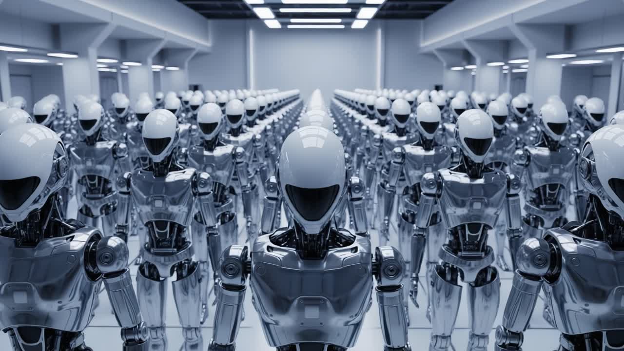 A Futuristic Assembly of Identical Robots in a High-Tech Environment, Showcasing the Precision and Uniformity of Robotic Engineering and Design