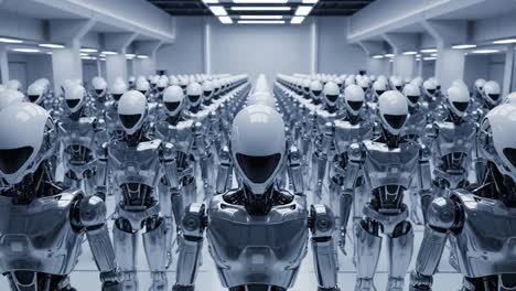 A Futuristic Assembly of Identical Robots in a High-Tech Environment, Showcasing the Precision and Uniformity of Robotic Engineering and Design