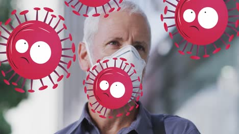 animation of falling covid 19 cells over senior caucasian man wearing face mask