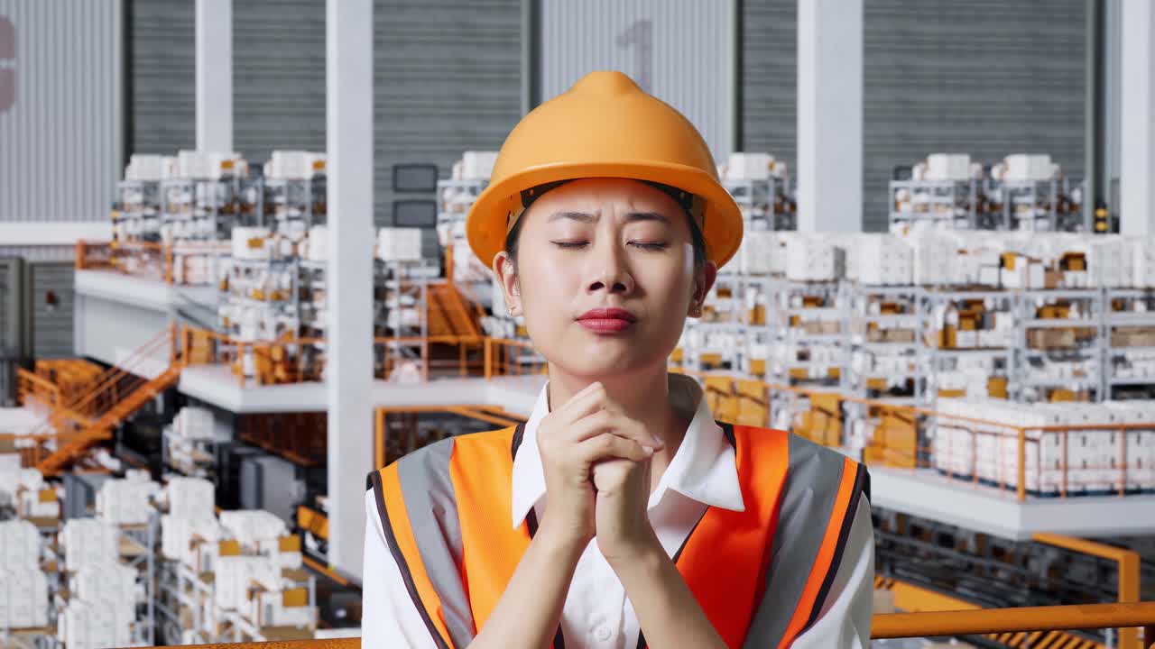 안전 헬을 입은 아시아 여성 엔지니어가 배달품으로 가득 찬 선반과 함께 창고에 서서 무언가를 위해 기도합니다.