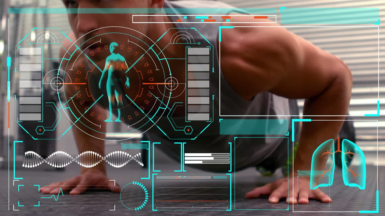 interfaz digital contra el hombre que realiza un ejercicio de push up