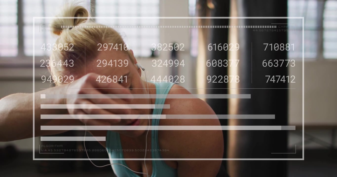 Post-exertion athlete breathing heavily, adjusting earbud and watching HUD to monitor heart rate