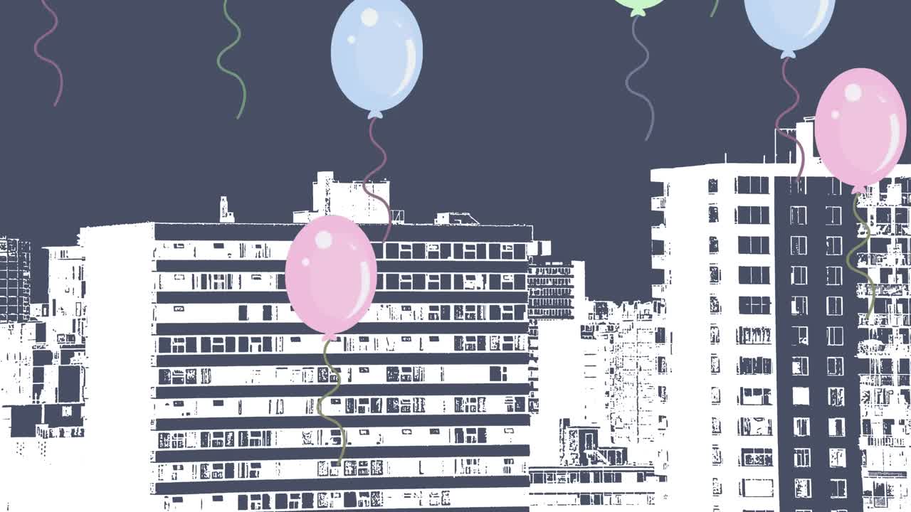 Animazione digitale di più palloncini che fluttuano sopra un modello 3D di grattacieli su sfondo blu