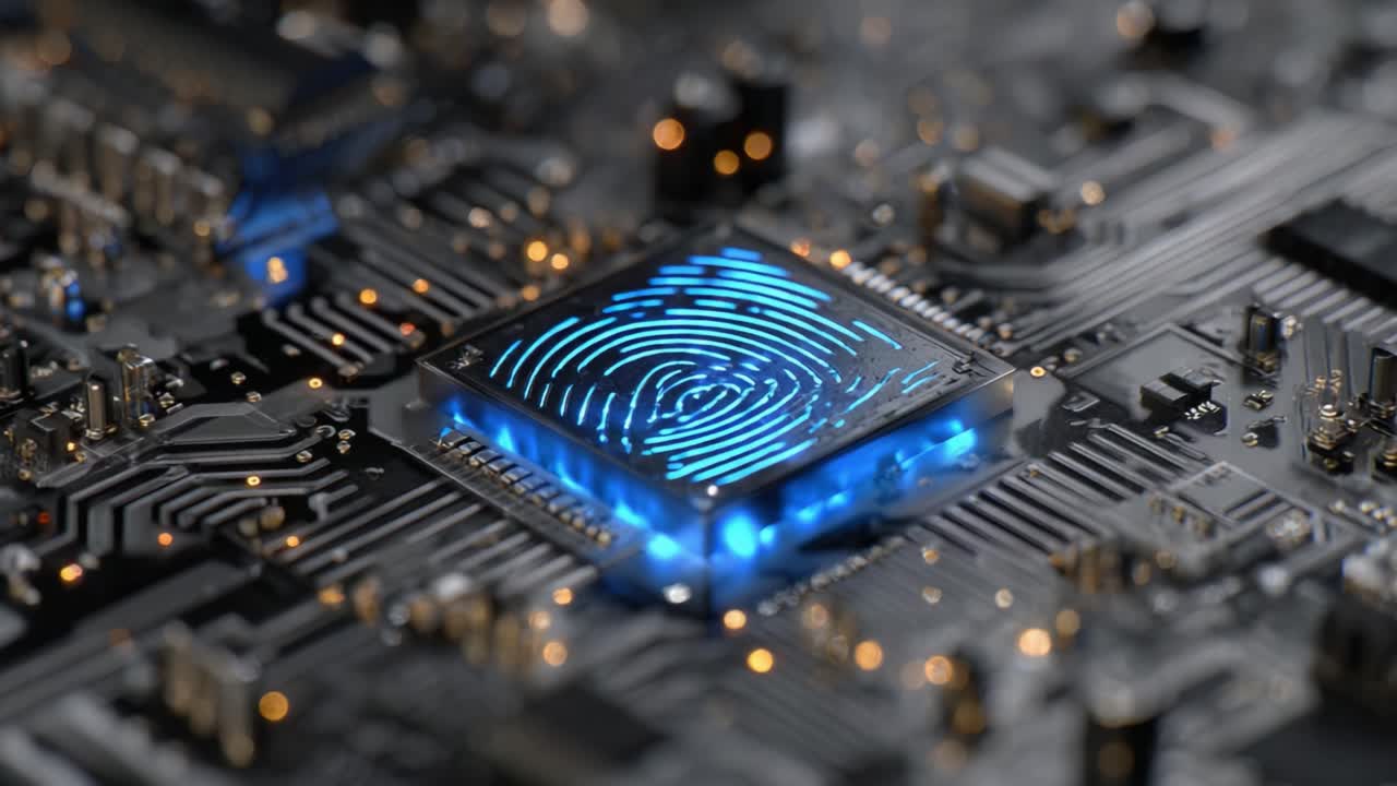 Esplorazione di tecnologia avanzata: un primo piano di una scheda di circuito ad alta tecnologia con un intarsio sensore di impronte digitali brillantemente illuminato integrato nella microelettronica.