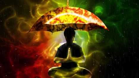 silhouette of meditation under umbrella and raindrop effect