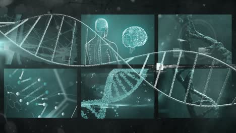 Animation-of-dna-structure-over-screens-with-medical-data-processing-against-blue-background
