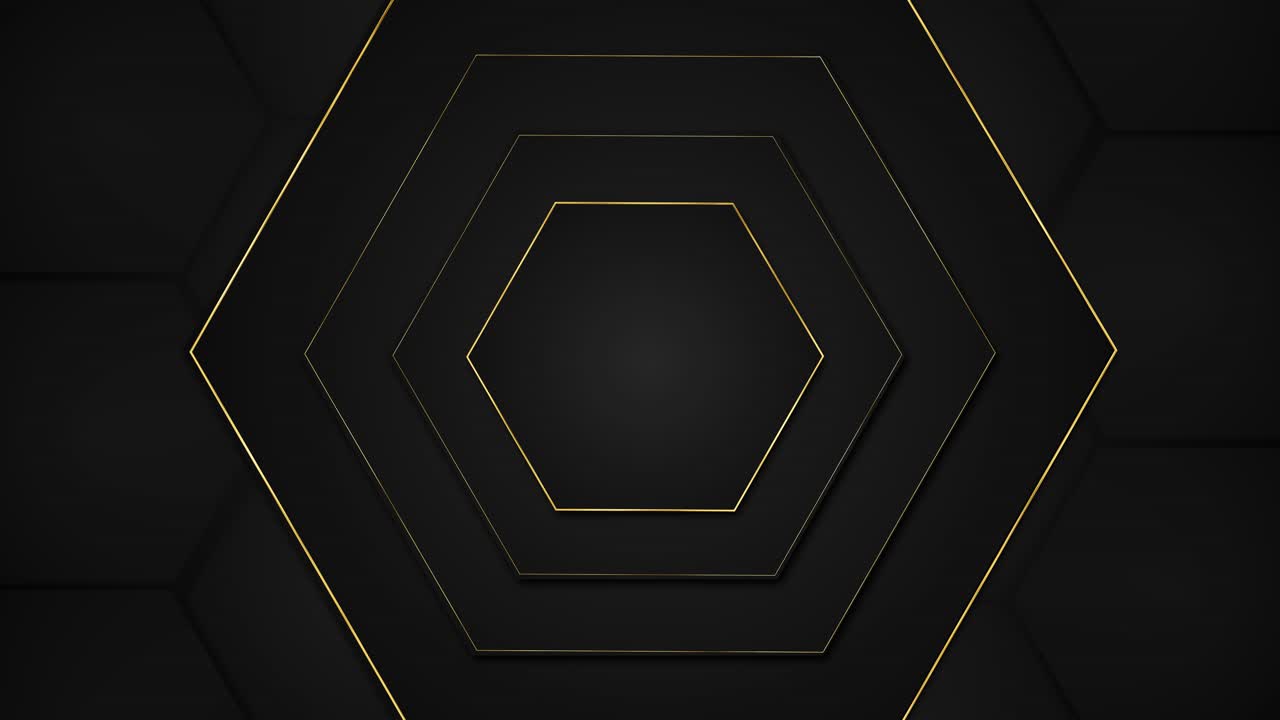 Luxe abstrait, hexagone futuriste, grille dorée, bandes de carbone, tunnel hexagonal doré de science-fiction, géométrique.