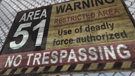 high quality 3d cgi render with a close up orbiting shot of a chainlink fence at a secret military installation in a desert scene, with an area 51 warning restricted area sign