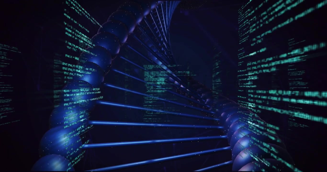 Luminous DNA helix rotating and shifting with front code appearing, showing genetic data flow in 3D