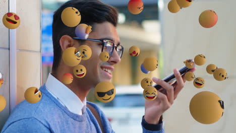 iconos de emoji con una persona usando un teléfono inteligente en el fondo