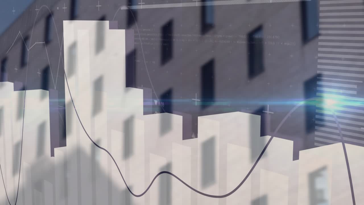 Blurred building facade sparking 3D bars rising and line graph animating while showing data trends