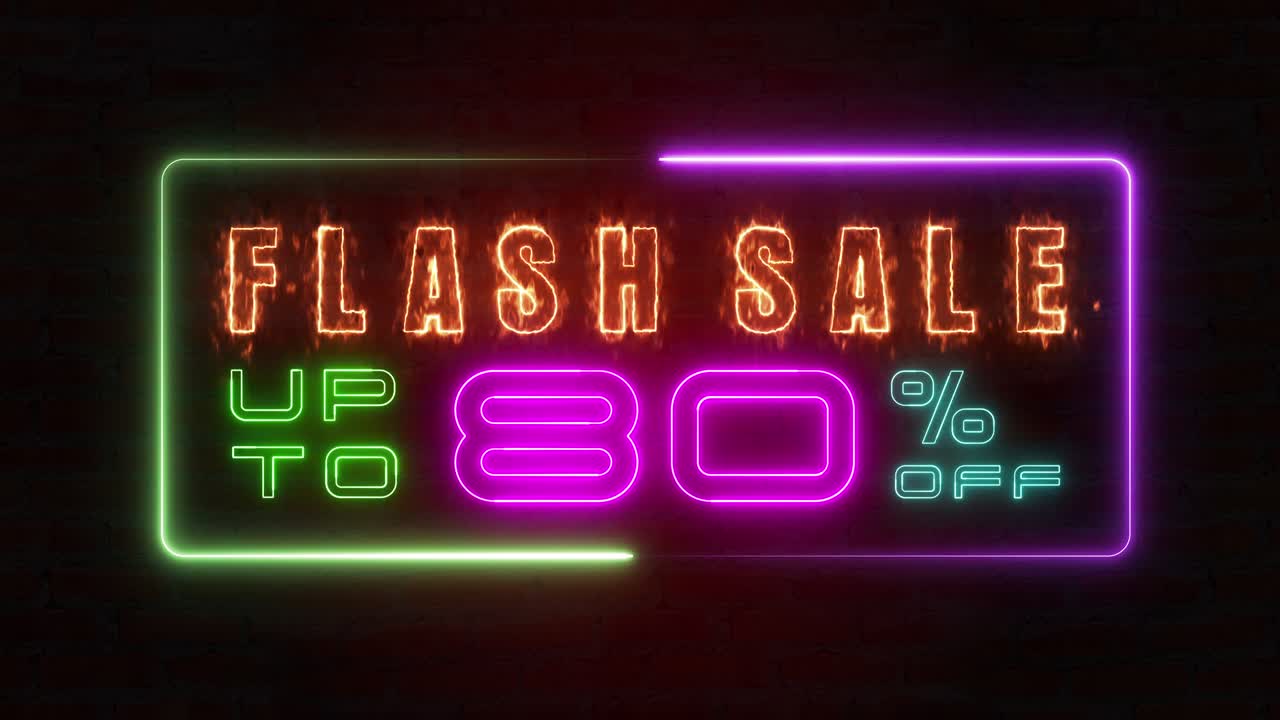 파란색 천둥과 함께 플래시 판매 네온 라인 화염 반이는 흑색 배경에 무작위적으로 박이는 애니메이션 루프 프레임.