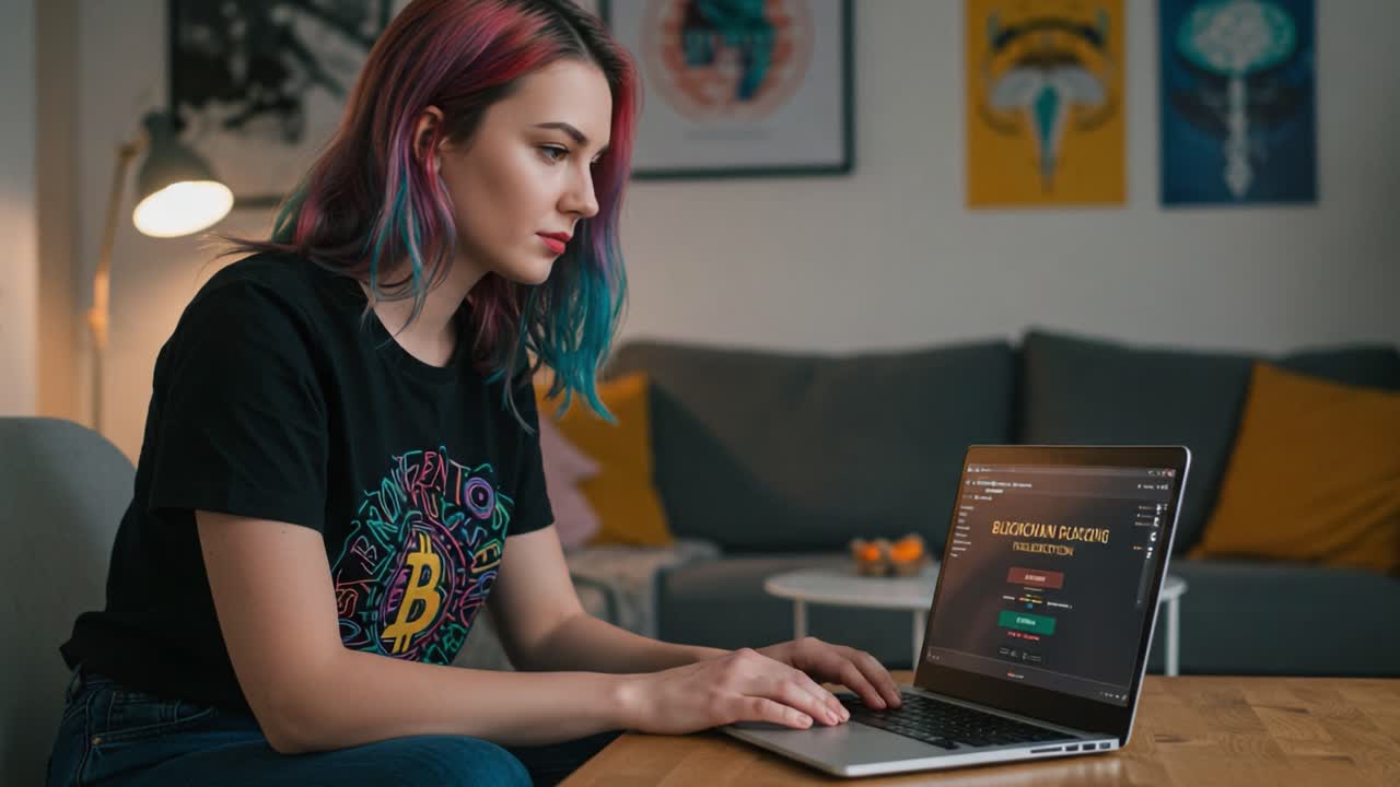 Young Woman Engaged in Cryptocurrency Trading on Laptop, Focused on Investment Analytics with Vibrant Hair and Stylish Attire at Home Workspace