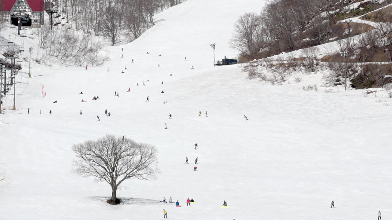 Groothoekweergave van mensen die genieten van wintersport op een brede, met sneeuw bedekte skipiste