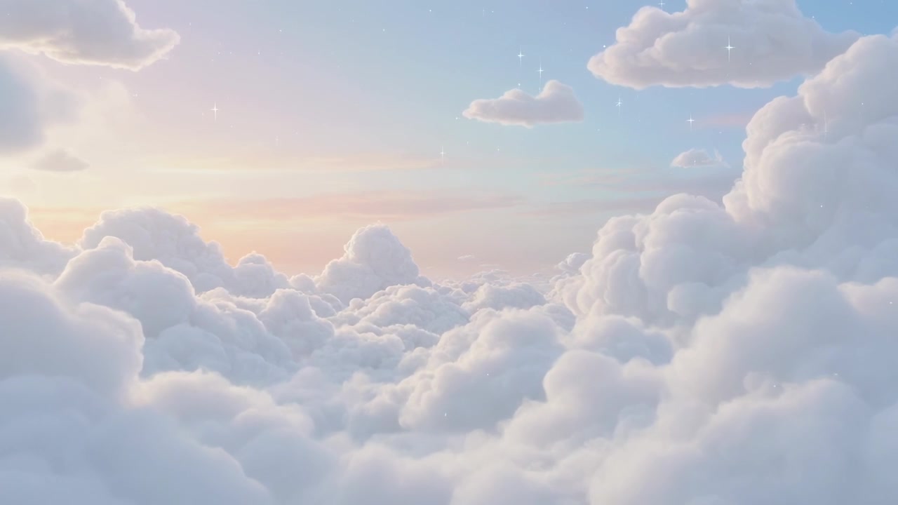Drone starting, camera gliding forward over billowy cumulus clouds at sunrise, showing horizon glow