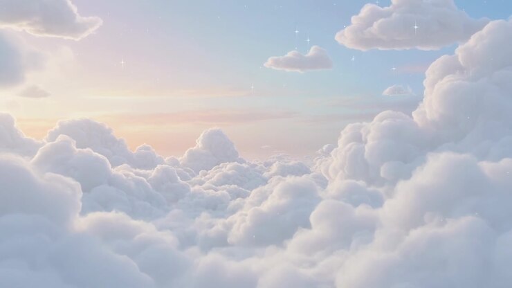 Drone starting, camera gliding forward over billowy cumulus clouds at sunrise, showing horizon glow