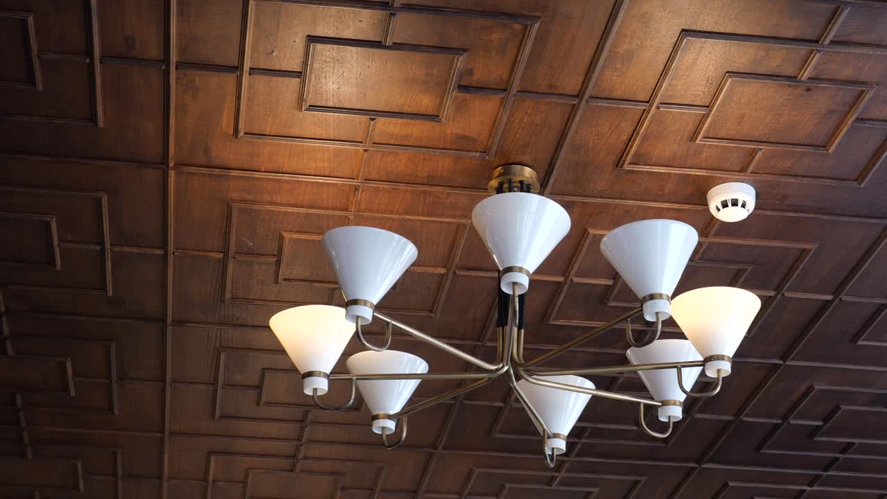 Stylish Chandelier on Ornate Wooden Ceiling
