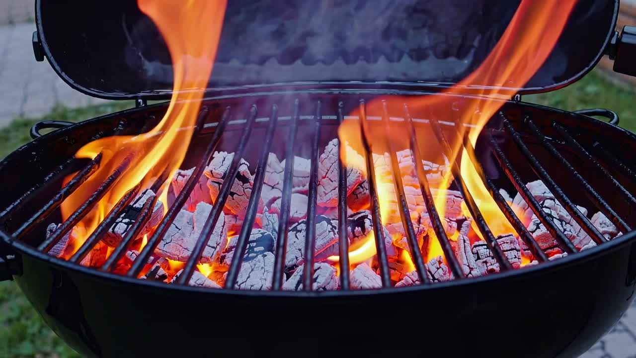 Close-up video shot of a grill with vibrant flames and glowing coals, capturing the intense heat
