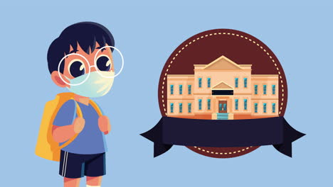 little student boy wearing medical mask with schoolbag and school facade