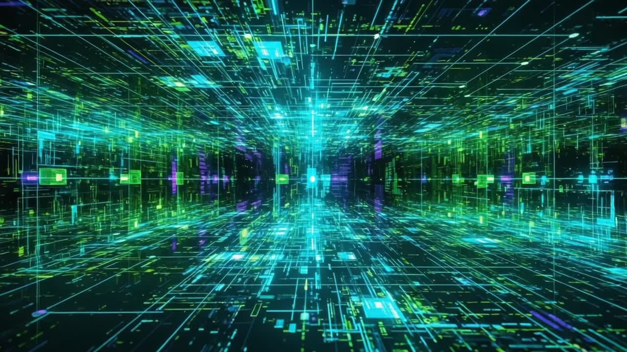 Dynamic Visualization of Multicolored Data Streams in a Darkened Digital Environment Representing Advanced Technology and Connectivity