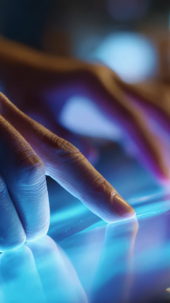 A Close-Up Exploration of Fingers Interacting with a Vibrant Touchscreen Surface, Emphasizing the Play of Light and Color in a Digital Environment