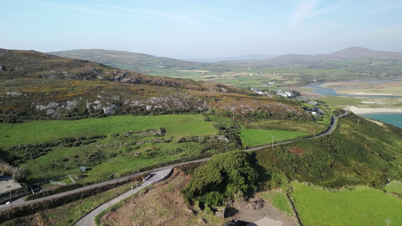 Mizen Head with Barleycove beach from above with coastal views and farmlands, West Cork Ireland.
