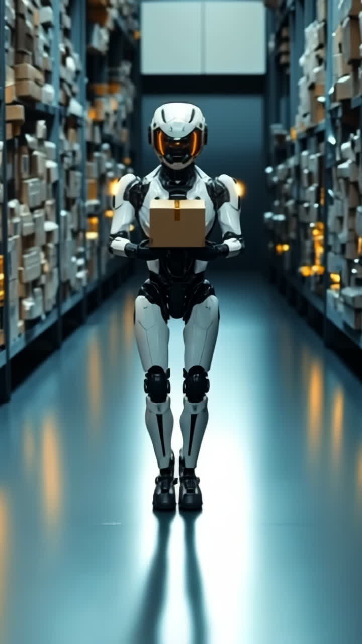 Robot in automated storage. A humanoid robot carries a package through a bright, modern storage area filled with neatly stacked boxes.