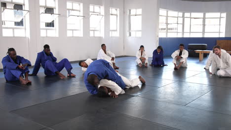 demonstrating judo technique, instructor teaching students in martial arts class