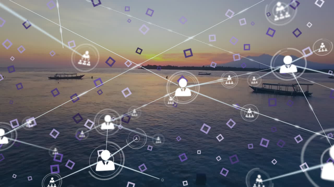 Network of connections and data processing animation over serene ocean sunset