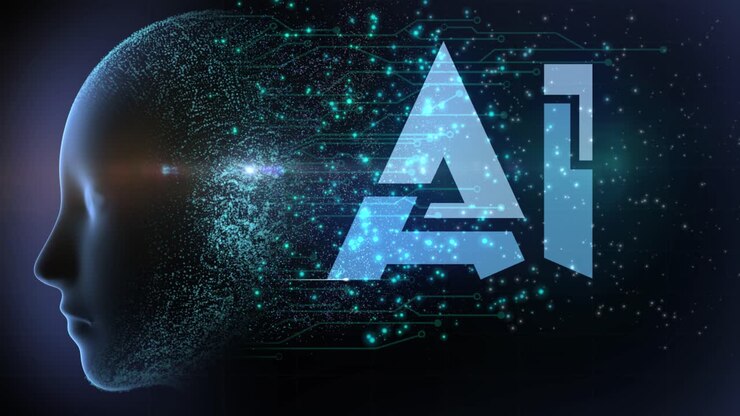 High quality animated graphical concept design depicting emerging Articial Intelligence technology with firing neurons in circuitry and flowing particles from AI Brain, in blue color scheme