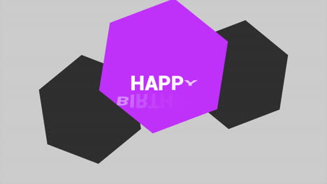 feliz cumpleaños con hexágonos morados y negros en un patrón moderno blanco