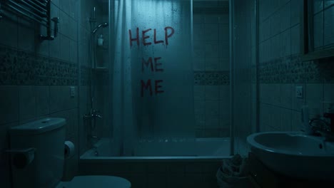 a terrifying encounter in a dimly lit bathroom: mysterious message of distress on a shower curtain reveals hidden fears and tension in an everyday setting