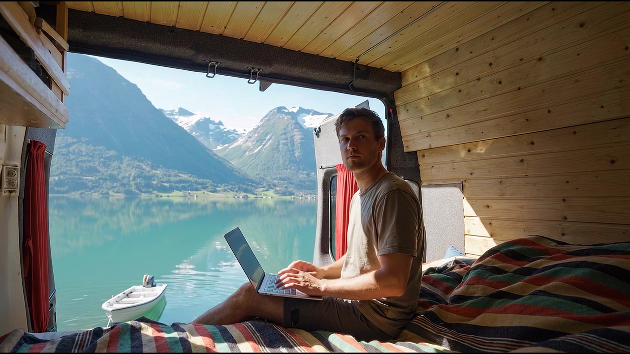 Uomo che lavora al laptop all'interno di un camper, con vista su un lago sereno e montagne innevate attraverso il finestrino posteriore.