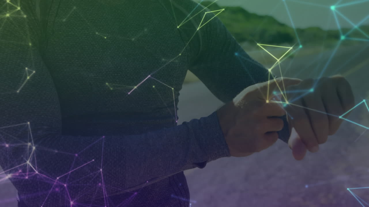 animación de redes de conexiones sobre el hombre usando smartwatch en segundo plano