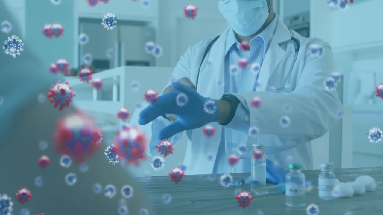 코로나19 세포가 수술 장갑을 입은 남성 의사의 중간 부분에 떠다니고 있습니다.