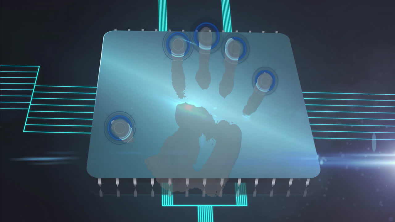 animación de escaneo de huellas manuales y dactilares sobre microchip con circuitos luminosos