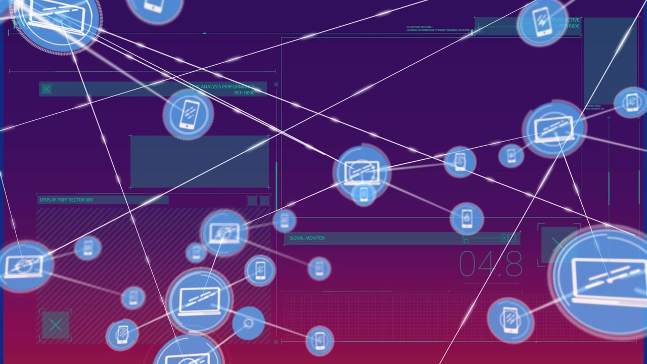 Animation of network of connections with icons over data processing on purple background