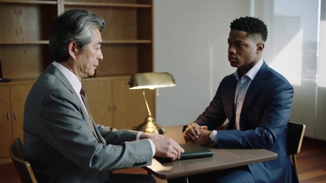 Reaching Asian man in gray suit sliding portfolio across office table for interview, lamp glowing