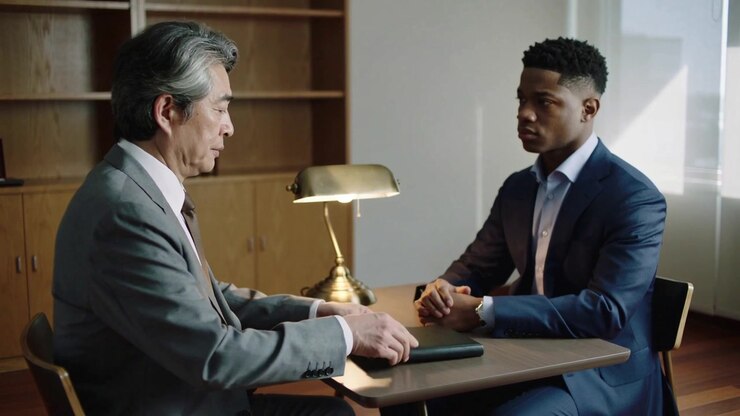 Reaching Asian man in gray suit sliding portfolio across office table for interview, lamp glowing